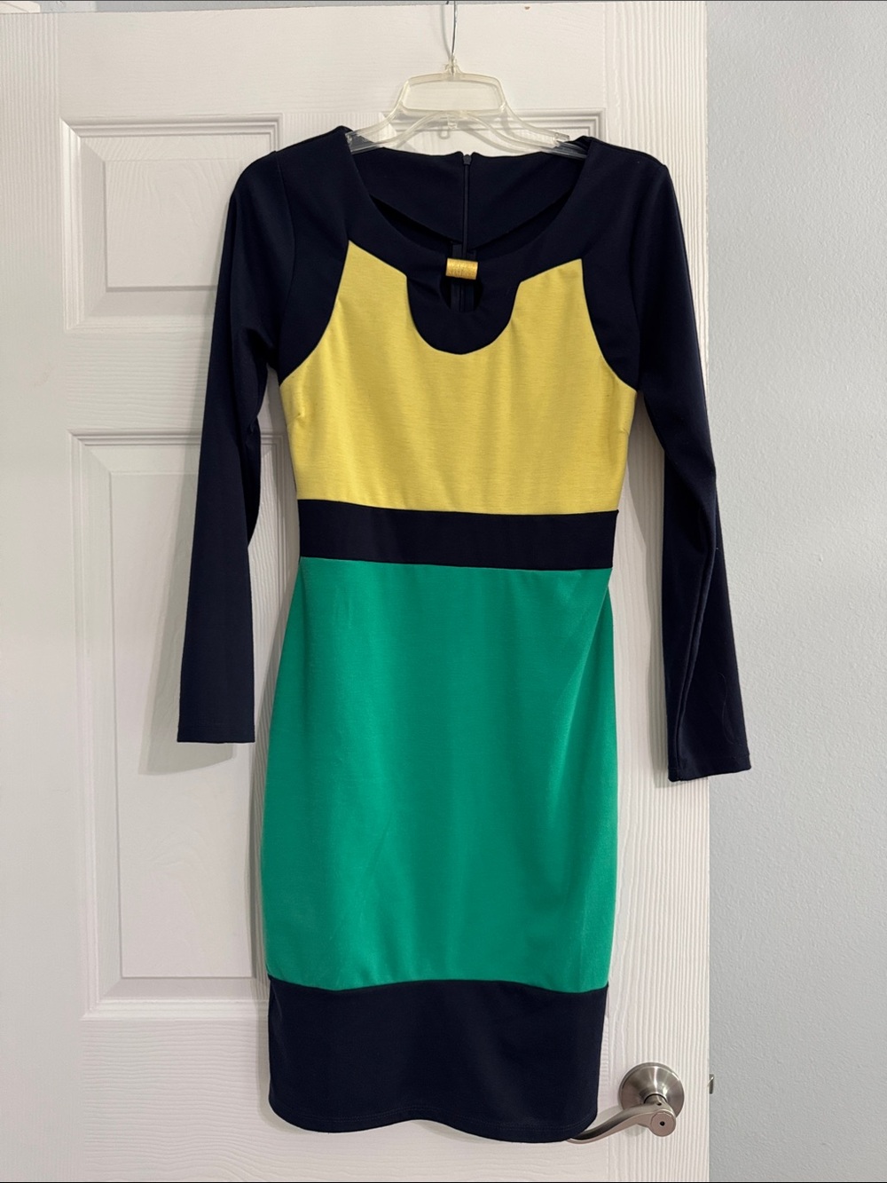 Colorblock Long Sleeve Sheath Dress in Yellow, Green & Black